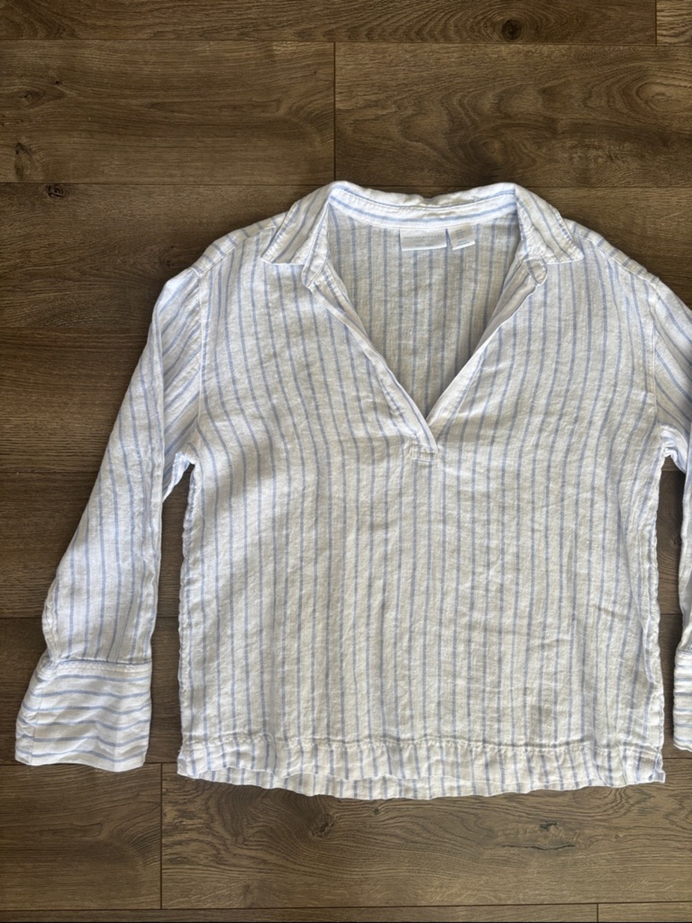 100% Linen White Top with Light Blue Stripes V-Neck Tunic